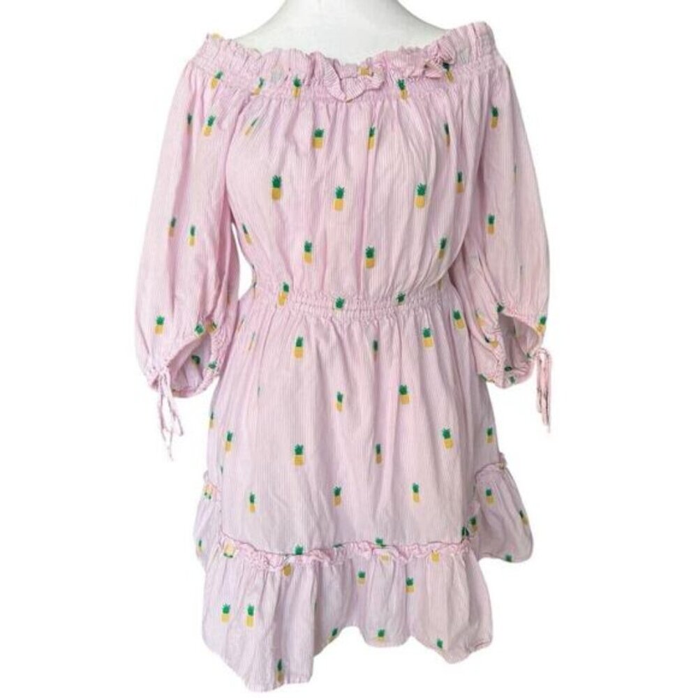 Kate Spade Pineapple Off Shoulder Mini Dress Pink Striped Size Small